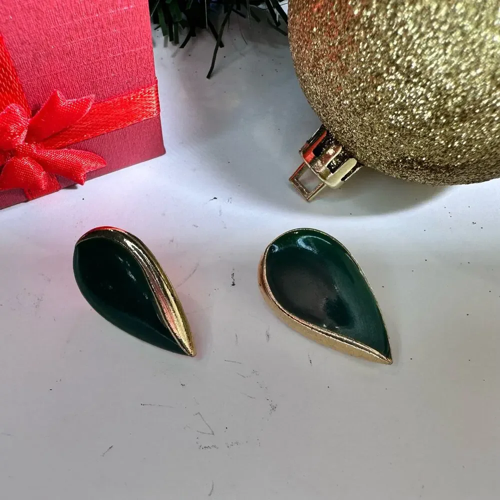 Gold green drop stud earrings